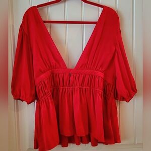 Dolan Vibrant Red Deep V-Neck Blouse Sz L